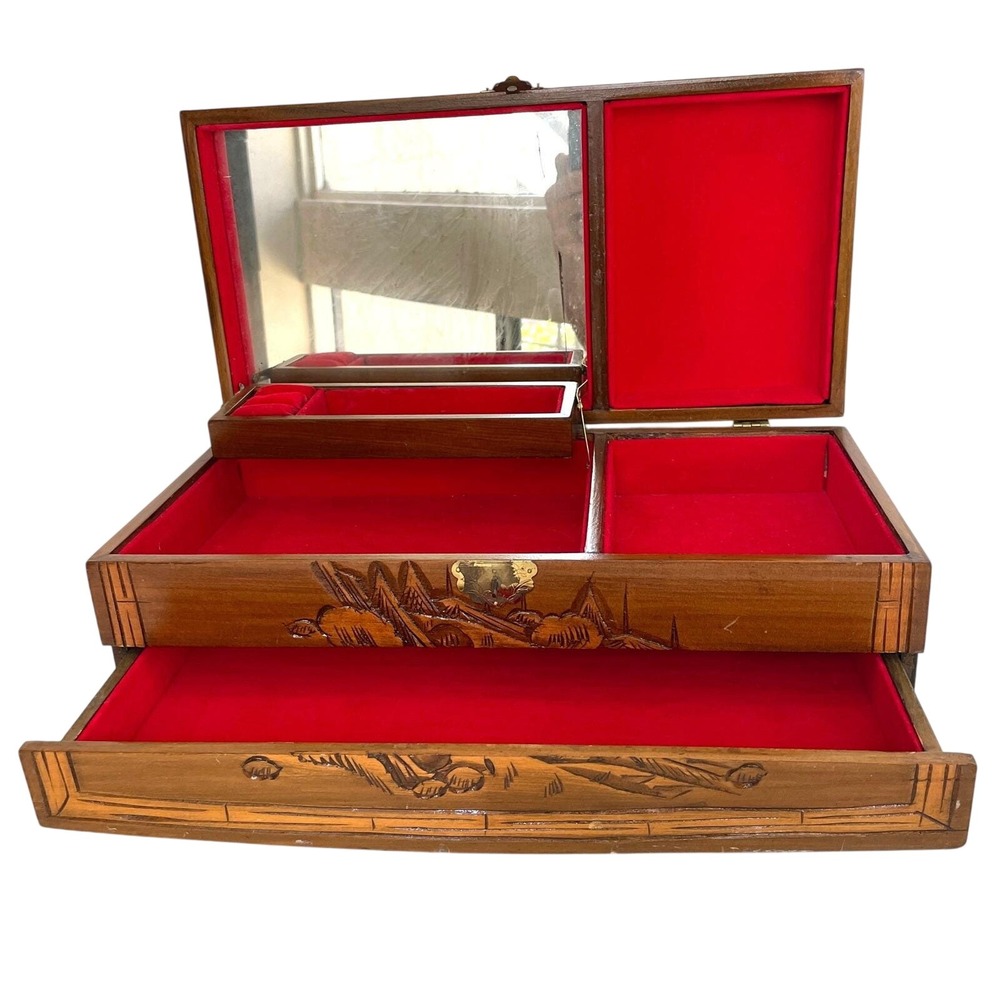Vintage Hand Carved Wood Jewelry Box Asian drawer Red Velvet Lining Camphor